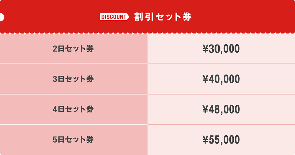 2日セット券　¥30,000　3日セット券　¥40,000　4日セット券　¥48,000　5日セット券　¥55,000
